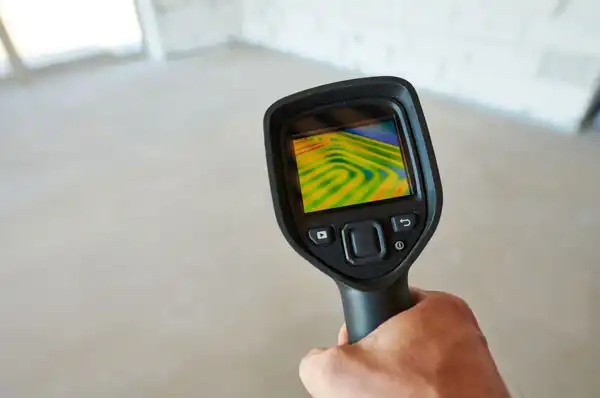 A person holds a thermal imaging camera, expertly using it for leak detection as it displays a heat map in shades of green and yellow, highlighting temperature variations in the room.