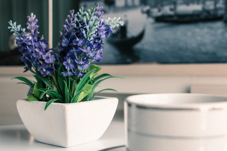 Purple flowers in a square white pot sit on a table near a white ceramic bowl and an efficient dehumidifier, with a black-and-white photo of gondolas in the background.