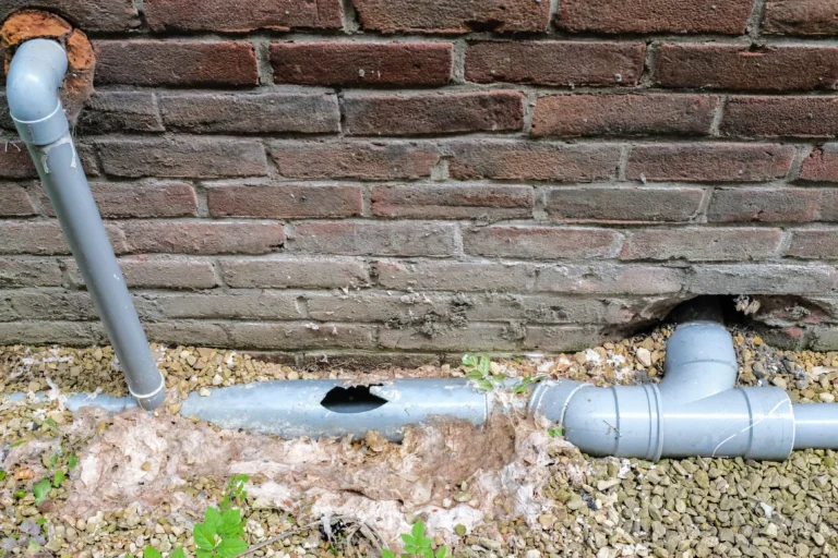 Damaged gray plumbing pipes with a large hole, indicative of needed sewer line repair, lie next to a brick wall and are surrounded by gravel and debris.