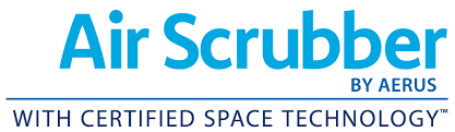 Air Scrubber By Aerus Logo With The Tagline 'With Certified Space Technology' In Blue And Black Text On A White Background.