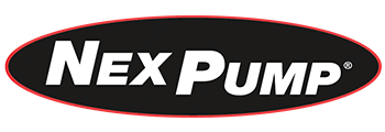 Nexpump Logo With Bold White Text On A Black Oval Background Outlined In Red.