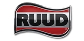 Ruud Logo With White Text On A Red And Black Background, Outlined In Silver With A Wavy Rectangular Border.