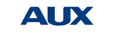 The Image Shows The Word &Quot;Aux&Quot; In Bold, Blue Capital Letters On A White Background.