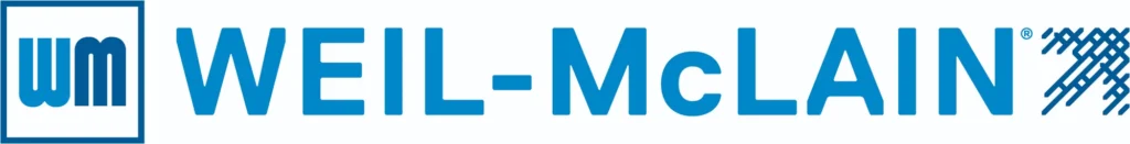 Weil-Mclain Logo Featuring &Quot;Wm&Quot; In A Square On The Left And &Quot;Weil-Mclain&Quot; In Blue Capital Letters With A Graphic Design On The Right.