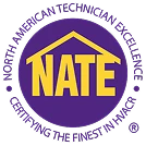Purple and yellow NATE logo with a house roof shape above the letters, encircled by the words "North American Technician Excellence Certifying the Finest in HVACR.
