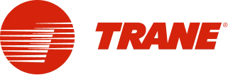 Trane logo featuring a red circular emblem with horizontal lines on the left and the word "TRANE" in bold red letters on the right.