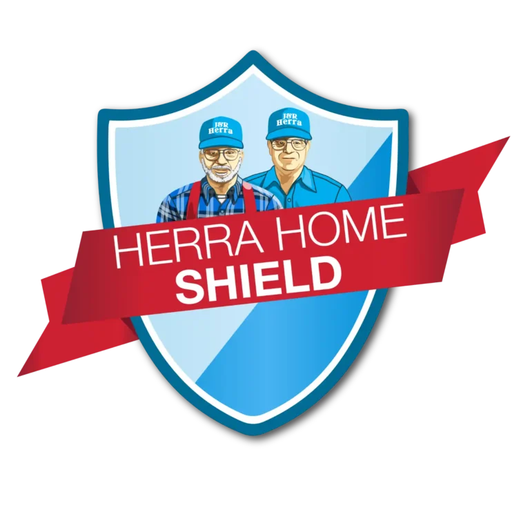 Herra Home Shield Logo Featuring Two Men In Branded Blue Caps Inside A Blue Shield Shape With A Red Maintenance Plan Banner Across The Front.